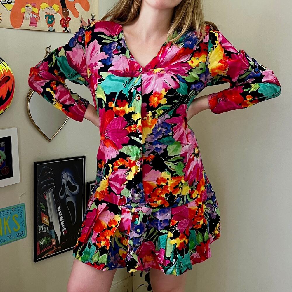Vintage 1990s Express Pink Floral Drop Waist Dress Women's Size Large
